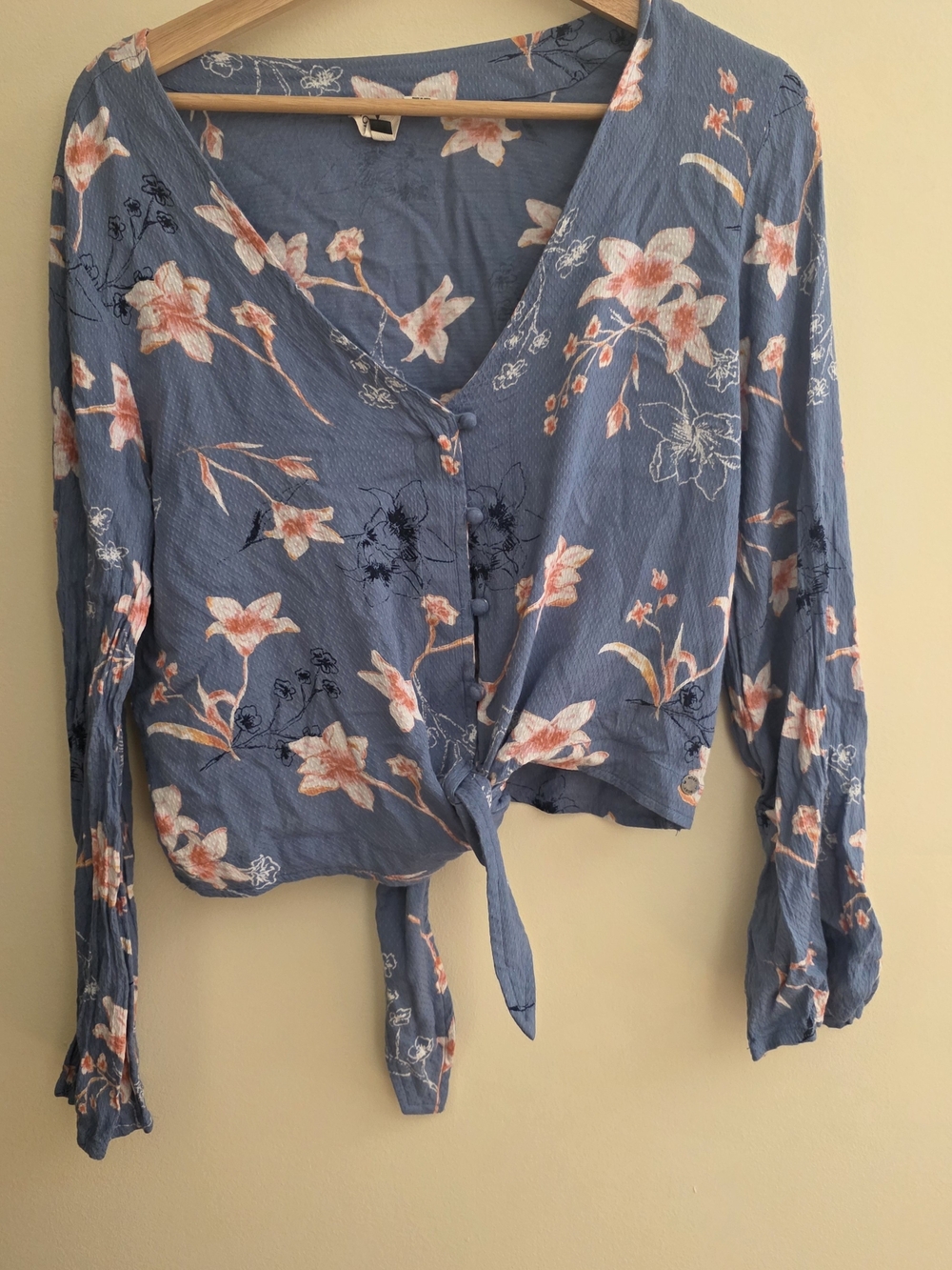 Roxy Blue Floral Tie-Front V-Neck Blouse - Picture 1 of 4